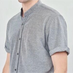 Zara Mandarin Collar Button Down Short Sleeve Shirt Men M Gray